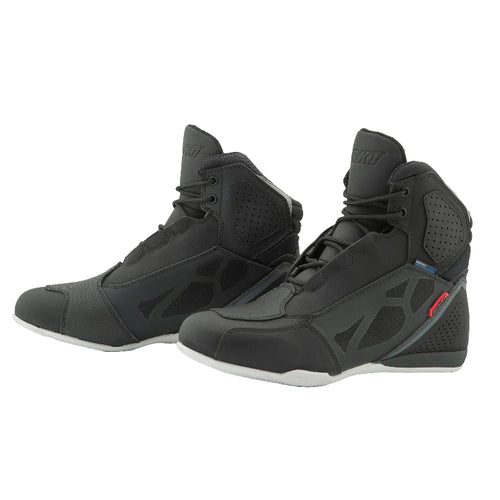 Joe Rocket Atomic™ 2.0 Waterproof Motorcycle Shoes Black with lightweight mid-top design, lace-up closure, reinforced toe, heel and ankle protection, breathable panels, waterproof construction, and white high-grip rubber outsole. Protective motorcycle riding shoes for commuting, sport riding, touring, and everyday wear in Canada.
