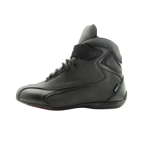 Joe Rocket Atomic™ Motorcycle Shoe Black side view featuring a lace-up closure, hook-and-loop ankle strap, waterproof construction, reinforced toe, heel and ankle protection, and a lightweight high-grip sole. Protective motorcycle riding shoe for sport, street, touring, commuting, and everyday riders across Canada.