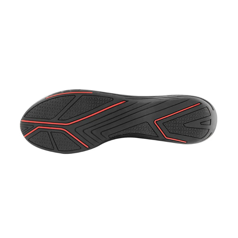 Black Joe Rocket Atomic motorcycle shoe sole view on a white background