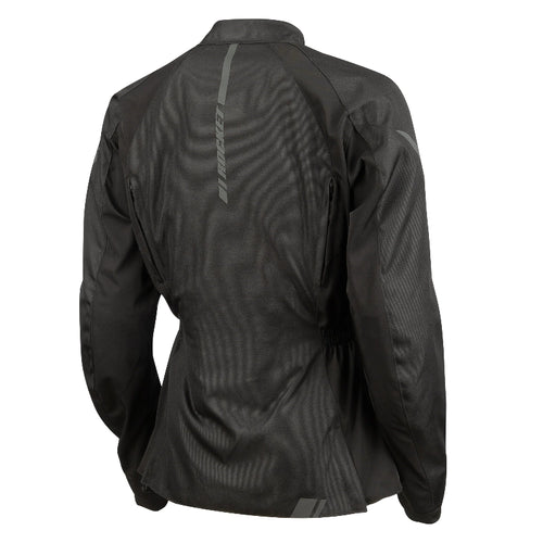 Joe Rocket branded women's black motorcycle jacket on a white background