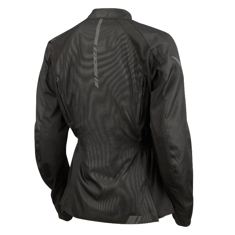 Joe Rocket branded women's black motorcycle jacket on a white background