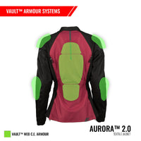 Rear view of the Joe Rocket Women's Aurora™ 2.0 Textile Motorcycle Jacket illustrating the integrated Vault™ Armour System. Green overlays highlight the locations of removable CE-rated armour at the shoulders, elbows, and full-length spine protector. The image demonstrates the jacket's impact protection coverage while maintaining a women's tailored fit. A Vault™ Web C.E. Armour legend appears in the lower-left corner, with the Aurora™ 2.0 Textile Jacket name displayed in the lower-right.