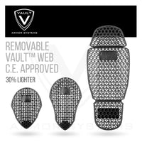 Close-up image of the Joe Rocket Vault™ Armour System featuring removable Vault™ Web C.E. Approved motorcycle armour. The image displays a full-length CE-approved back protector alongside matching shoulder and elbow protectors, all with a lightweight open-cell hexagonal web design that improves flexibility and airflow. The graphic highlights that the armour is 30% lighter while maintaining certified impact protection, with the Vault Armor Systems logo prominently displayed in the upper-left corner.
