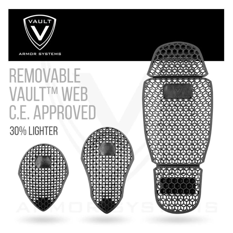 Close-up image of the Joe Rocket Vault™ Armour System featuring removable Vault™ Web C.E. Approved motorcycle armour. The image displays a full-length CE-approved back protector alongside matching shoulder and elbow protectors, all with a lightweight open-cell hexagonal web design that improves flexibility and airflow. The graphic highlights that the armour is 30% lighter while maintaining certified impact protection, with the Vault Armor Systems logo prominently displayed in the upper-left corner.