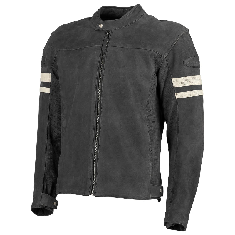 Black Joe Rocket Classis92 leather jacket with 2 white  stripes with a Joe Rocket logo on arm