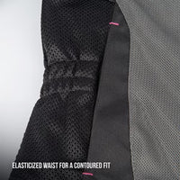 Close-up of a black mesh garment with an elasticized waist and a gray textured side panel, showing the text 'ELASTICIZED WAIST FOR A CONTOURED FIT' at the bottom.