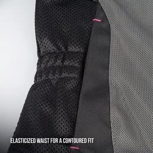 Close-up of a black mesh garment with an elasticized waist and a gray textured side panel, showing the text 'ELASTICIZED WAIST FOR A CONTOURED FIT' at the bottom.