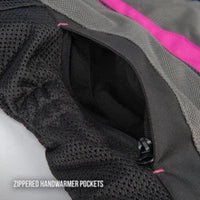 Close-up of a zippered handwarmer pocket on a gray and black athletic jacket with a bright pink stripe, featuring black mesh fabric and the text 'ZIPPERED HANDWARMER POCKETS' at the bottom.
