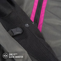 Close-up detail of a gray mesh jacket with a black zipper, black snap button, and bright pink trim. A small logo in the bottom-left corner reads 'SURE FIT SLEEVE ADJUSTER'.