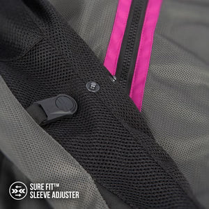 Close-up detail of a gray mesh jacket with a black zipper, black snap button, and bright pink trim. A small logo in the bottom-left corner reads 'SURE FIT SLEEVE ADJUSTER'.