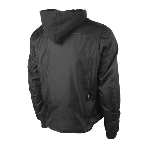 Back view of the Joe Rocket Great White North motorcycle jacket in black with a removable hood, durable canvas-style outer shell, rear zippered exhaust vents, adjustable waist, and built-in motorcycle protection. Designed for urban commuting and everyday riding with comfort, airflow, and classic casual styling.