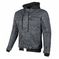 Joe Rocket Great White North motorcycle jacket in grey, shown from the front with a removable hood, durable canvas-style outer shell, zippered front, chest and hand pockets, adjustable cuffs, and built-in motorcycle protection. Designed for urban commuting, casual riding, and all-day comfort.