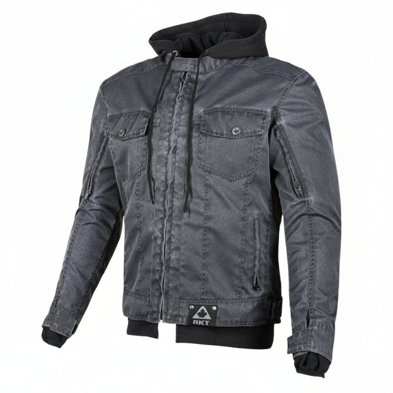 Joe Rocket Great White North motorcycle jacket in grey, shown from the front with a removable hood, durable canvas-style outer shell, zippered front, chest and hand pockets, adjustable cuffs, and built-in motorcycle protection. Designed for urban commuting, casual riding, and all-day comfort.