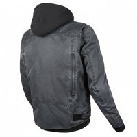 Back view of the Joe Rocket Great White North motorcycle jacket in grey with a removable hood, durable canvas-style outer shell, rear zippered exhaust vents, adjustable waist tabs, and built-in motorcycle protection. Designed for urban commuting and everyday riding with enhanced airflow, comfort, and classic casual styling.