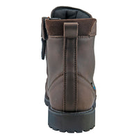 Rear view of the Joe Rocket Iron Age Waterproof Motorcycle Cruiser Boot in brown leather, featuring a padded suede ankle collar, rear pull loop, reinforced heel construction, waterproof design, and rugged lug outsole. Durable motorcycle riding boot built for cruiser, touring, and everyday riding with lasting comfort, protection, and stability.