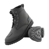 Joe Rocket Iron Age Waterproof Motorcycle Cruiser Boots in black leather featuring a classic lace-up design, reinforced toe and heel protection, waterproof construction, padded ankle support, and an aggressive lug outsole. Durable motorcycle riding boots built for cruiser, touring, and everyday riding with all-day comfort, protection, and reliable traction.