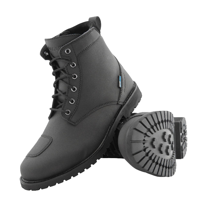 Joe Rocket Iron Age Waterproof Motorcycle Cruiser Boots in black leather featuring a classic lace-up design, reinforced toe and heel protection, waterproof construction, padded ankle support, and an aggressive lug outsole. Durable motorcycle riding boots built for cruiser, touring, and everyday riding with all-day comfort, protection, and reliable traction.