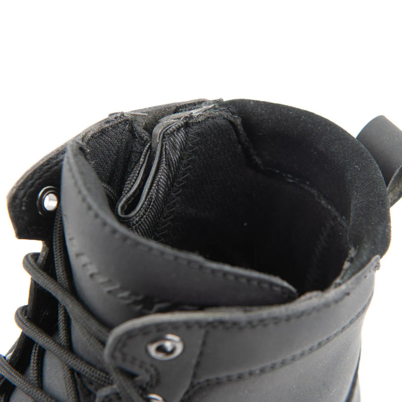 Close-up of the Joe Rocket Iron Age Waterproof Motorcycle Cruiser Boot opening, showcasing the padded ankle collar, soft interior lining, and wide-entry design with side zipper access. Designed for easy on and off, enhanced comfort, and a secure fit for cruiser, touring, and everyday motorcycle riding.