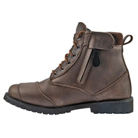 Inside view of the Joe Rocket Iron Age Waterproof Motorcycle Cruiser Boot in brown leather, highlighting the convenient side zipper with hook-and-loop retention strap, classic lace-up closure, reinforced toe protection, padded ankle collar, and rugged lug sole. Waterproof motorcycle riding boot designed for easy entry, lasting comfort, and dependable protection on cruiser and touring rides.