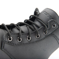 Close-up of the Joe Rocket Iron Age Waterproof Motorcycle Cruiser Boot showcasing the durable round lace-up system, reinforced metal eyelets, padded tongue, and premium black leather construction. Designed for a secure fit, lasting comfort, and dependable performance for cruiser, touring, and everyday motorcycle riding.