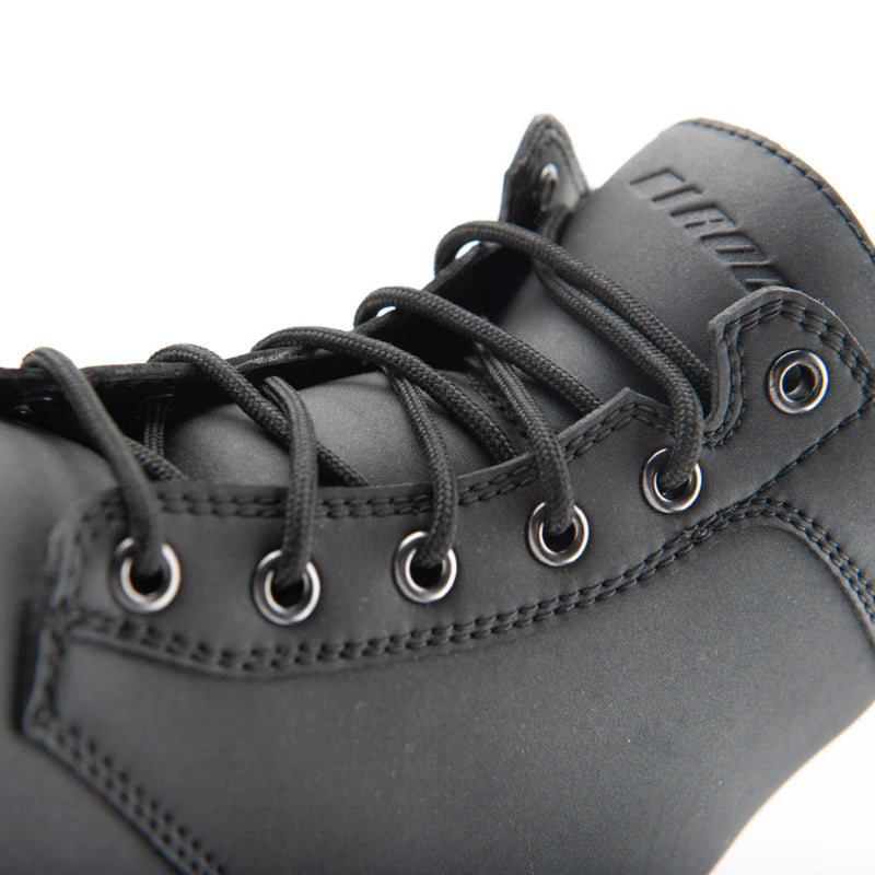 Close-up of the Joe Rocket Iron Age Waterproof Motorcycle Cruiser Boot showcasing the durable round lace-up system, reinforced metal eyelets, padded tongue, and premium black leather construction. Designed for a secure fit, lasting comfort, and dependable performance for cruiser, touring, and everyday motorcycle riding.