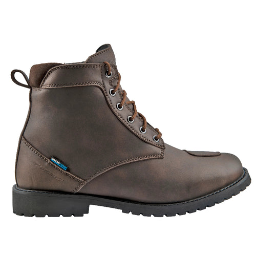 Side view of the Joe Rocket Iron Age Waterproof Motorcycle Cruiser Boot in brown leather, featuring a classic lace-up design, waterproof construction, reinforced toe and heel protection, padded ankle collar, and durable lug sole. Protective motorcycle riding boot built for cruiser, touring, and everyday riding with all-day comfort and dependable traction.