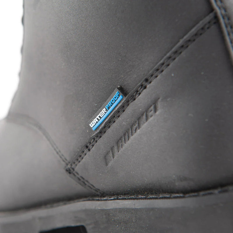 Close-up of the Joe Rocket Iron Age Waterproof Motorcycle Cruiser Boot highlighting the waterproof leather construction and waterproof branding tag. Premium black leather upper provides weather protection, durability, and long-lasting comfort for cruiser, touring, and everyday motorcycle riding.