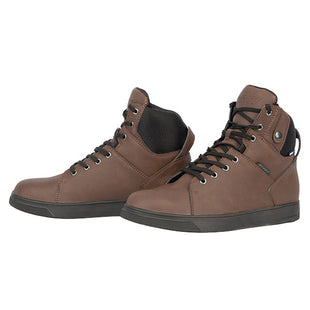 A pair of brown Joe Rocket Mission 2.0 men's waterproof motorcycle shoes with a lace-up closure system.