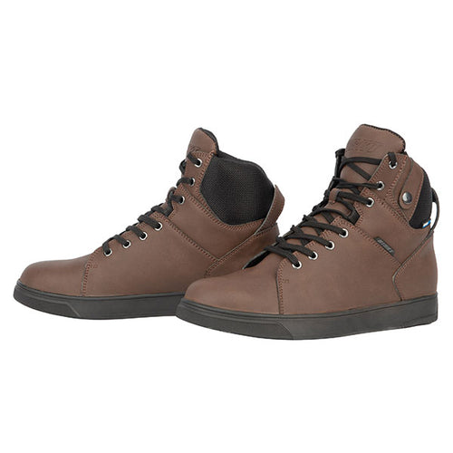 A pair of brown Joe Rocket Mission 2.0 men's waterproof motorcycle shoes with a lace-up closure system.