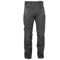 A pair of Joe Rocket Men's ALTER EGO 15.0 waterproof textile pants in black color, featuring multiple pockets, reinforced panels at the hips and knees, and a zippered connection for a jacket.