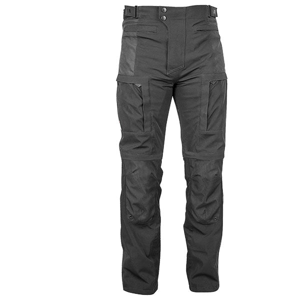 A pair of Joe Rocket Men's ALTER EGO 15.0 waterproof textile pants in black color, featuring multiple pockets, reinforced panels at the hips and knees, and a zippered connection for a jacket.