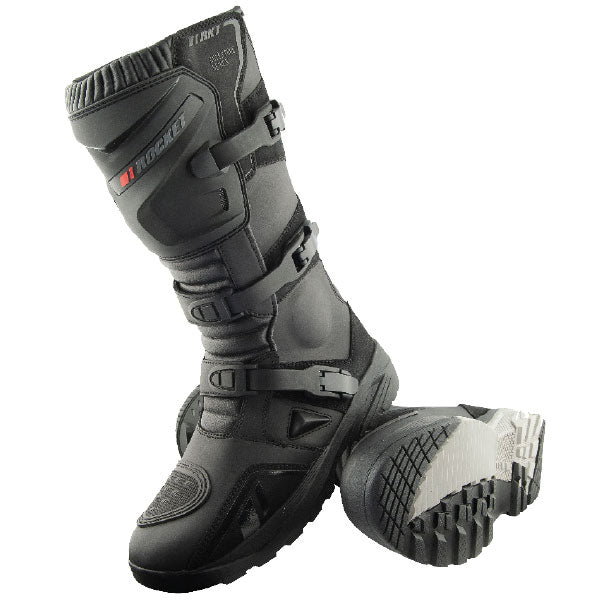 A black Joe Rocket Men's BALLISTIC Motorcycle Adventure Boot with visible brand logo on a white background