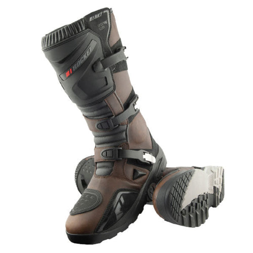 Joe Rocket Ballistic Men's Adventure Motorcycle Boots in brown featuring a premium leather upper, four adjustable buckle closures, reinforced shin, ankle, heel, and toe protection, aggressive off-road outsole, and waterproof construction for adventure touring, dual-sport, and off-road motorcycle riding.