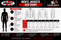 Men's jackets size chart with measurement guide and Yukon Moto branding