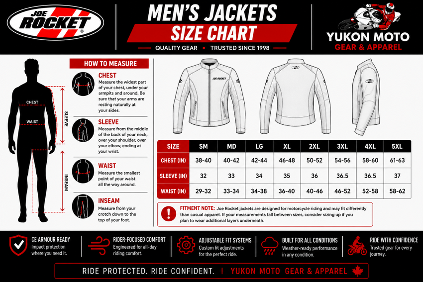 Men's jackets size chart with measurement guide and Yukon Moto branding