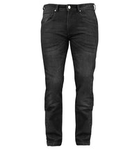 A pair of Joe Rocket Men's MISSION 2.0 Armoured Denim Pants in black color, featuring a mid-rise waist and a 15 inch cuff opening.