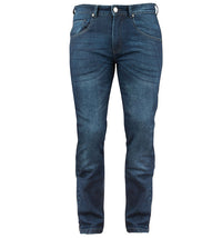 A pair of Joe Rocket Men's MISSION 2.0 Armoured Denim Pants in blue color, featuring a mid-rise waist and a 15 inch cuff opening.