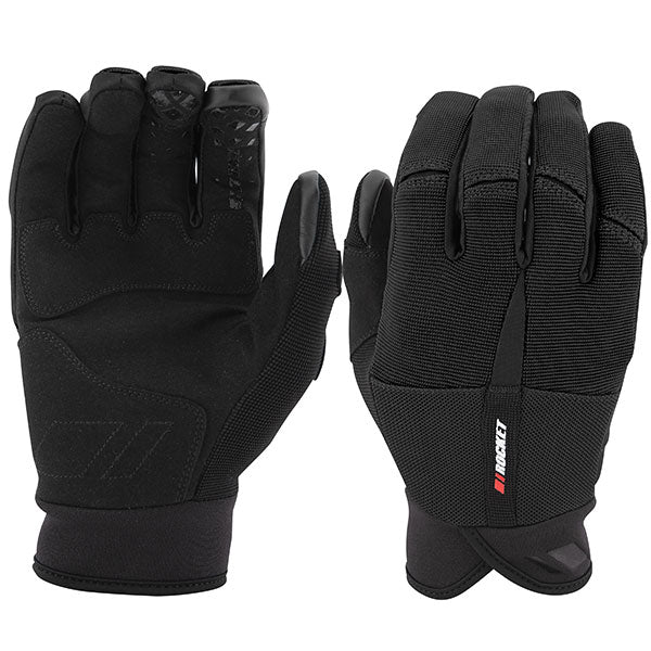 A pair of Joe Rocket Men's PHOENIX Mesh Gloves in black color, featuring a premium synthetic palm with silicone print for grip, and touchscreen fingertips.