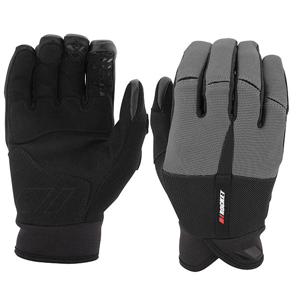 A pair of Joe Rocket Men's PHOENIX Mesh Gloves in black and grey color, featuring a premium synthetic palm with silicone print for grip, and touchscreen fingertips.