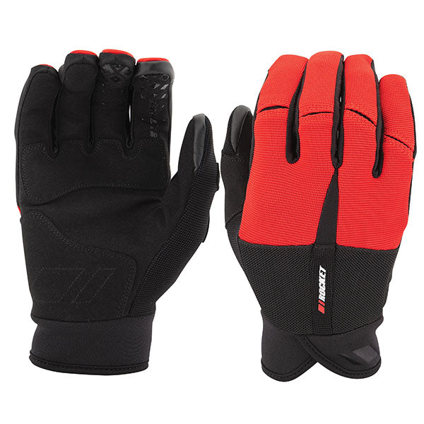 A pair of Joe Rocket Men's PHOENIX Mesh Gloves in black and red color, featuring a premium synthetic palm with silicone print for grip, and touchscreen fingertips.