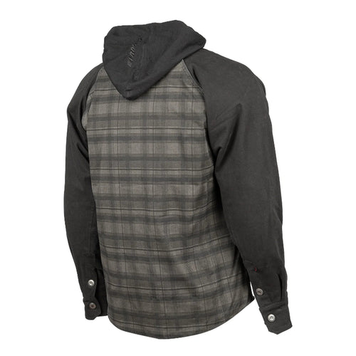 Rear three-quarter view of the Joe Rocket Richmond™ Armored Motorcycle Shirt in Grey/Black. The shirt features a grey plaid cotton back panel with solid black sleeves and a removable black hood for a casual layered look. Button-adjustable cuffs and a relaxed riding fit provide comfort, while concealed CE armour at the shoulders, elbows, and spine delivers motorcycle-ready protection. Ideal for riders seeking everyday style with built-in safety.