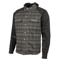 Front three-quarter view of the Joe Rocket Richmond™ Armored Motorcycle Shirt in Grey/Black. This riding shirt features a grey plaid cotton outer body with solid black sleeves and shoulders, a traditional button-up front, dual button-flap chest pockets, and a concealed main zipper beneath the button placket. Designed with a removable black hood, adjustable cuffs, and CE armour at the shoulders, elbows, and spine, it delivers casual flannel styling with motorcycle-ready protection for everyday riding.