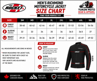 Joe Rocket Men's Richmond™ Motorcycle Jacket size chart featuring Joe Rocket and Yukon Moto Gear & Apparel logos. The chart provides chest, sleeve, and waist measurements in inches for sizes Small through 5XL. A measuring guide illustrates how to measure chest, sleeve, and waist correctly, with a note recommending riders choose their jacket size based on chest measurement first since the waist is adjustable. Designed for Canadian riders and ideal for selecting the proper fit before ordering the Joe Rocket R