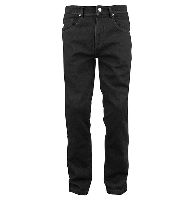 A pair of black Joe Rocket Speedmaster Dyneema motorcycle jeans with knee protectors and a mid-rise waist.