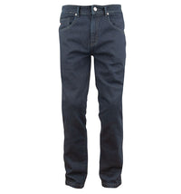 A pair of blue Joe Rocket Speedmaster Dyneema motorcycle jeans with knee protectors and a mid-rise waist.