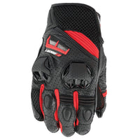 A red and black Joe Rocket Men's SPEEDMASTER Air Leather/Mesh Short Glove featuring a combination leather and mesh outer shell with reinforced leather palm, knuckle protectors, and a hook and loop cuff closure.