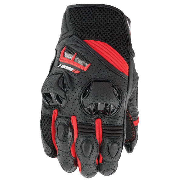 A red and black Joe Rocket Men's SPEEDMASTER Air Leather/Mesh Short Glove featuring a combination leather and mesh outer shell with reinforced leather palm, knuckle protectors, and a hook and loop cuff closure.