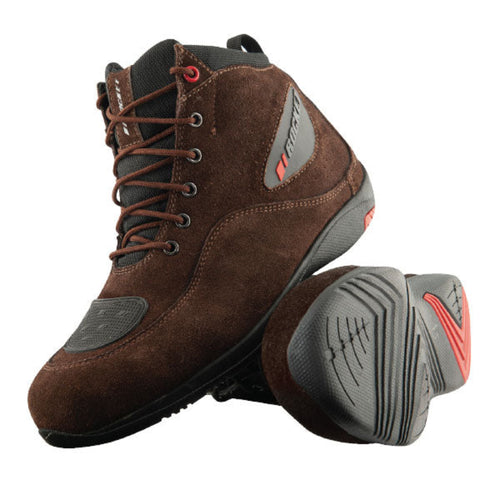 Joe Rocket Men’s Blaster brown and grey waterproof motorcycle boots with lace-up closure, reinforced toe panels and red outsole accents.
