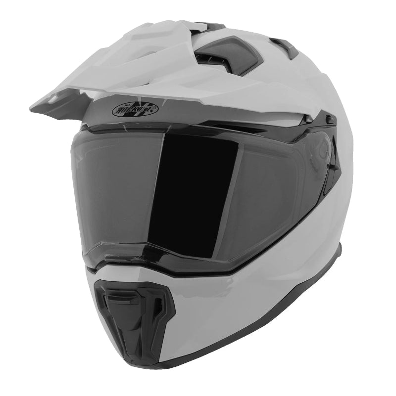 Grey motorcycle helmet with a clear visor on a white background