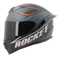 A full face Joe Rocket motorcycle helmet with a black, red, and yellow design, featuring a clear face shield and a rear spoiler.